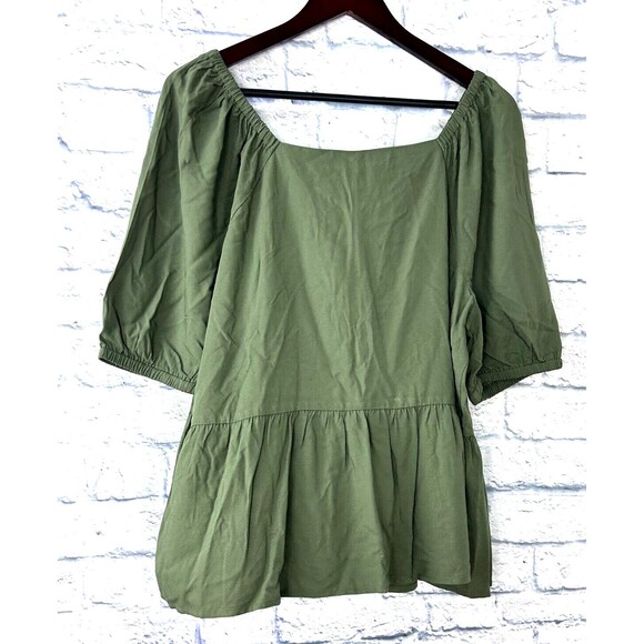 New Loft Army Green Size XL Boho Top Short Sleeve Babydoll Blouse Square Neck U4 - Picture 4 of 12